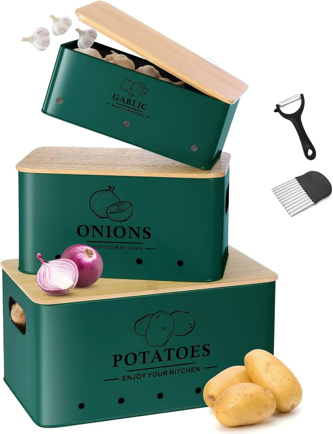 Kitchen Vegetable Storage Set of 3, Metal Onion Garlic Potato Storage Set, Kitchen Canisters Vegetable Keeper Containers with Aerating Holes and Wooden Lid (Alpine Green)