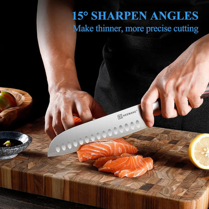 Chef Santoku Knife - 7 Inch Ultra Sharp Kitchen Knife with Stainless Steel Blade for Cooking Meat Fruit Vegetable with Ergonomic Pakkawood Handle and Gift Box Included
