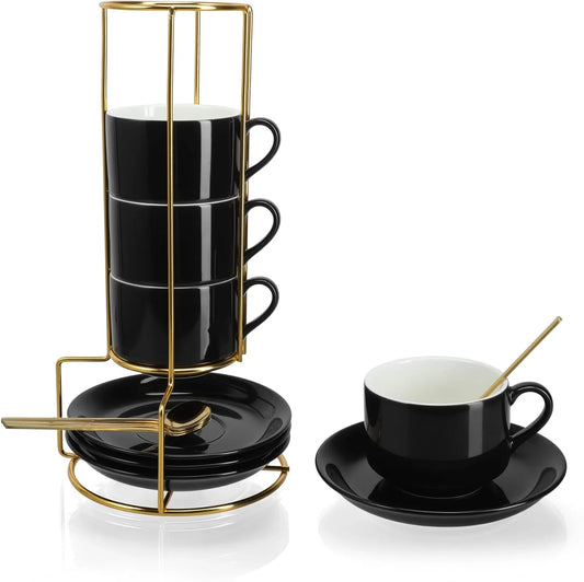 8 Ounce Cappuccino Cups Set of 4, Stackable Cappuccino Mugs, Includes Display Stand, Cups Saucers, and Spoons, for Machines & Home Use, Black, Gold Tone