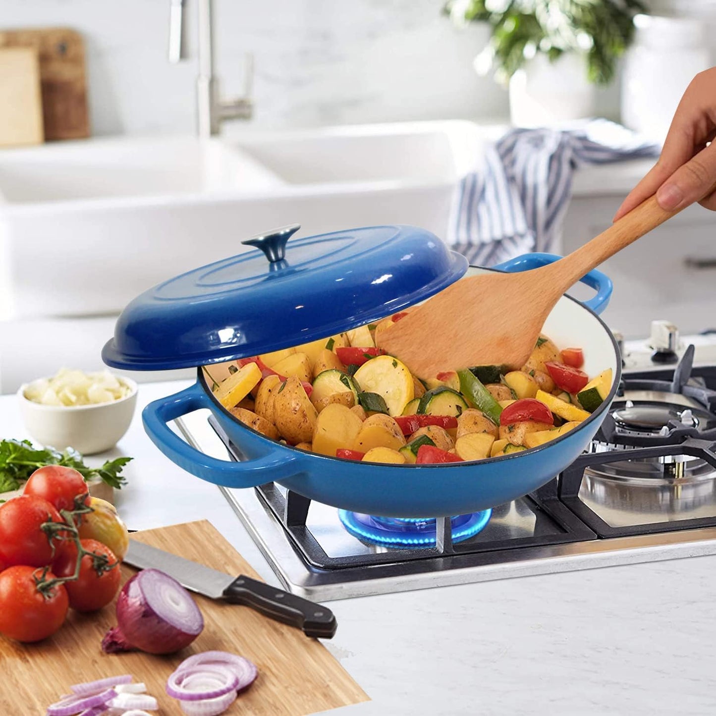 Enameled Cast Iron Dutch Oven Braiser, 3.8 Quart Enamel Skillet Pot with Lid - Heavy Duty and Dual Handles, Oven Safe Frying Pan for Family or Friends Gifts, Blue