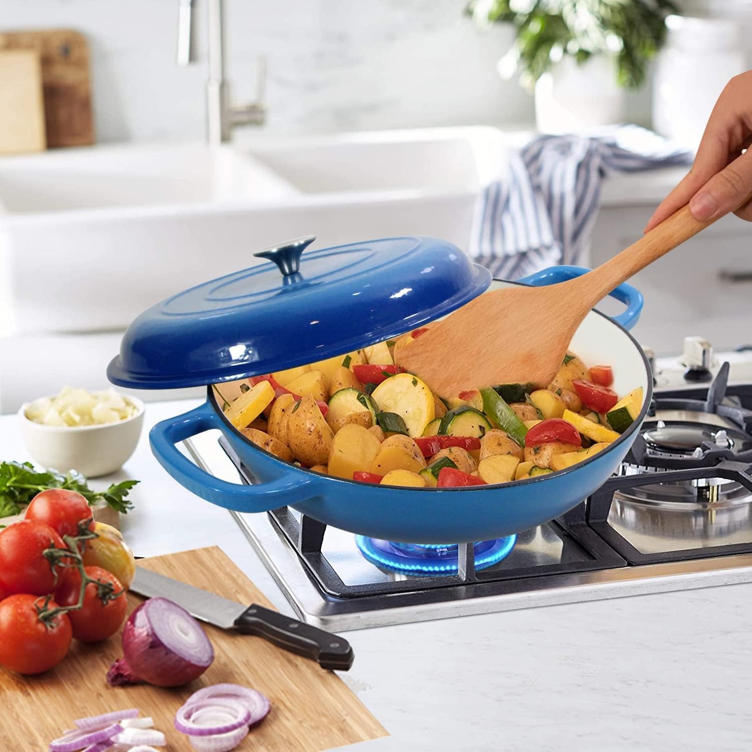 Enameled Cast Iron Dutch Oven Braiser, 3.8 Quart Enamel Skillet Pot with Lid - Heavy Duty and Dual Handles, Oven Safe Frying Pan for Family or Friends Gifts, Blue
