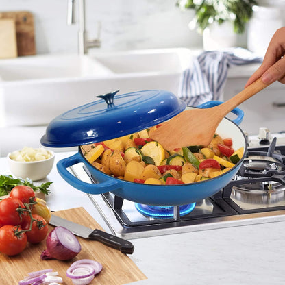 Enameled Cast Iron Dutch Oven Braiser, 3.8 Quart Enamel Skillet Pot with Lid - Heavy Duty and Dual Handles, Oven Safe Frying Pan for Family or Friends Gifts, Blue