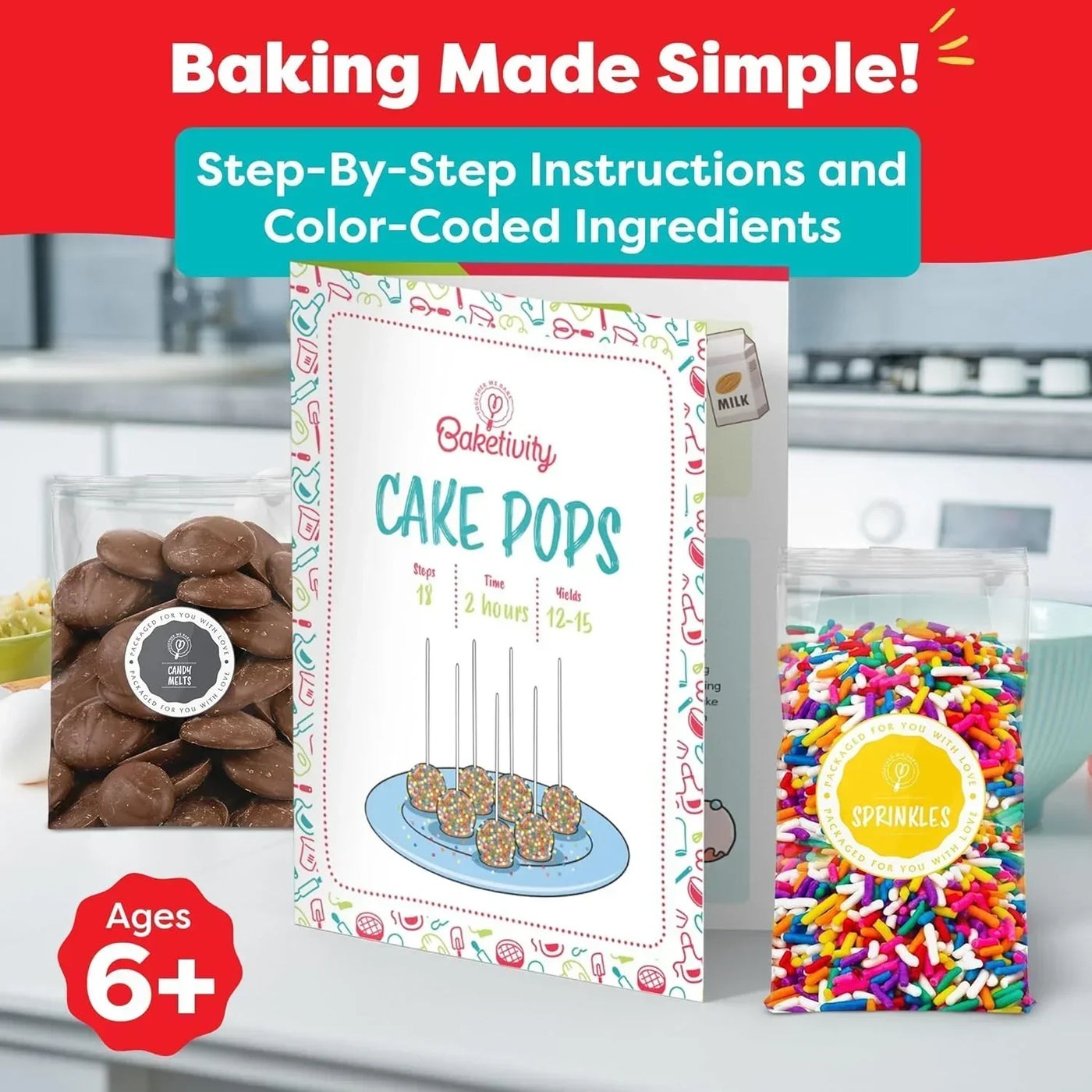 Bakativity Cake Pops kit with candy melts, sprinkles, step-by-step instructions for ages 6+, baking made simple