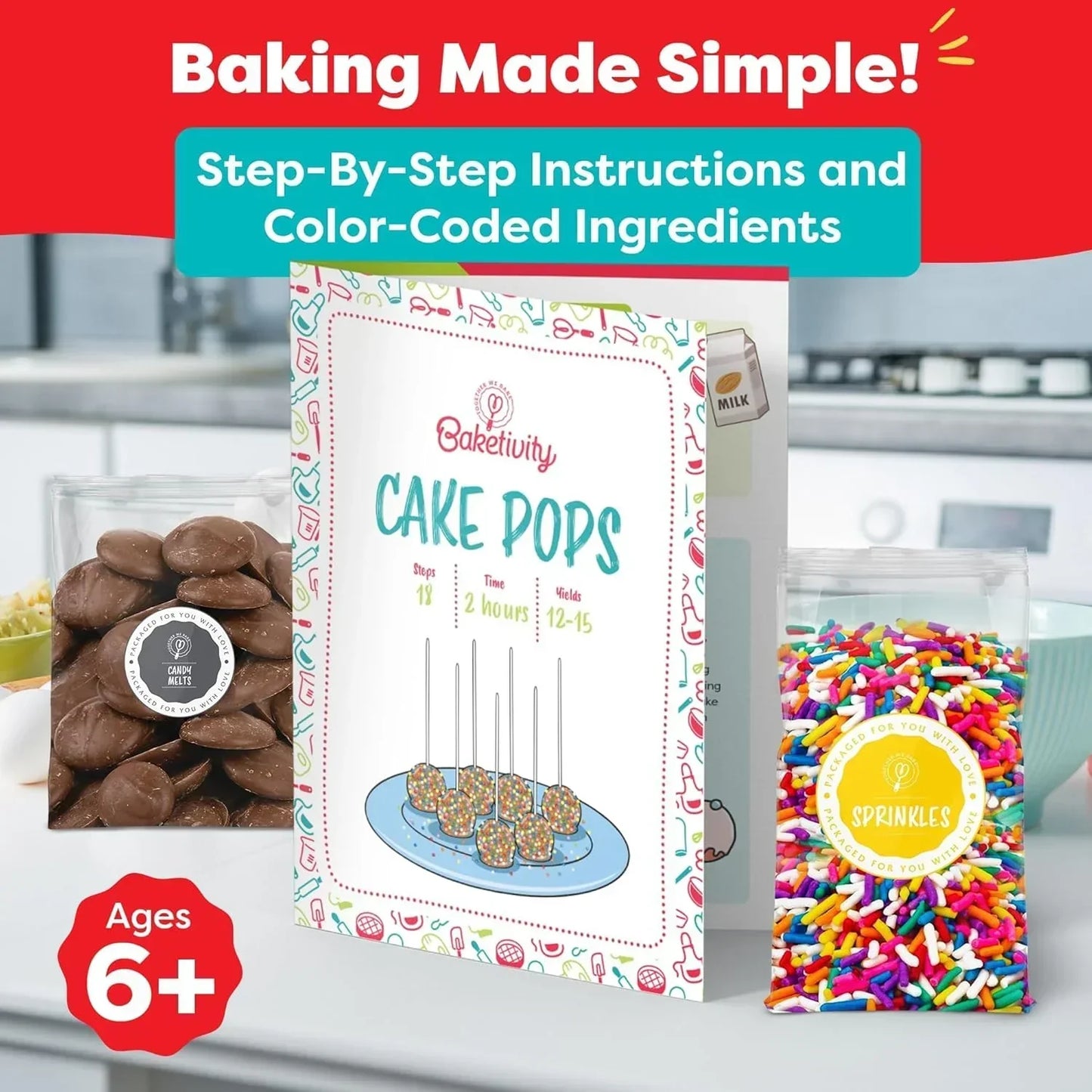 Bakativity Cake Pops kit with candy melts, sprinkles, step-by-step instructions for ages 6+, baking made simple