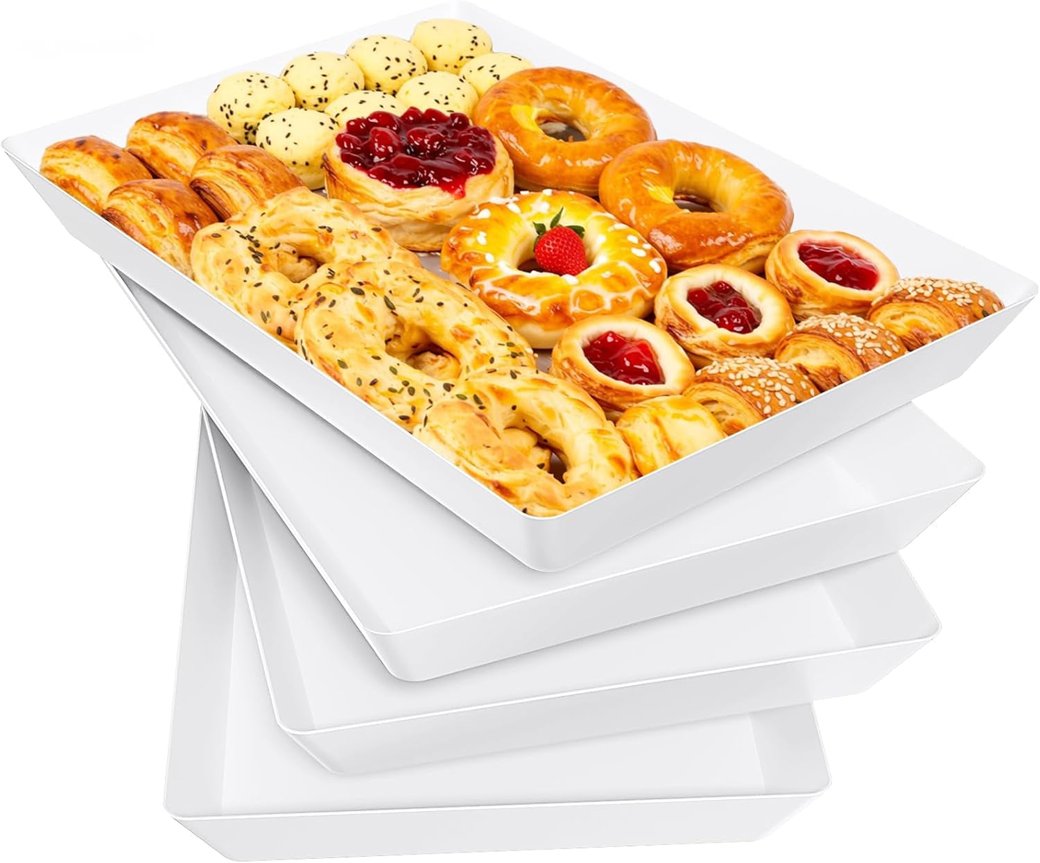 4-Pack Serving Tray, Serving Platter for Parties, Entertaining, Camping & Food Display, Reusable & Stackable Plastic Trays in Kitchen, Rectangular Food Platters for Cookie, Appetizer(White)