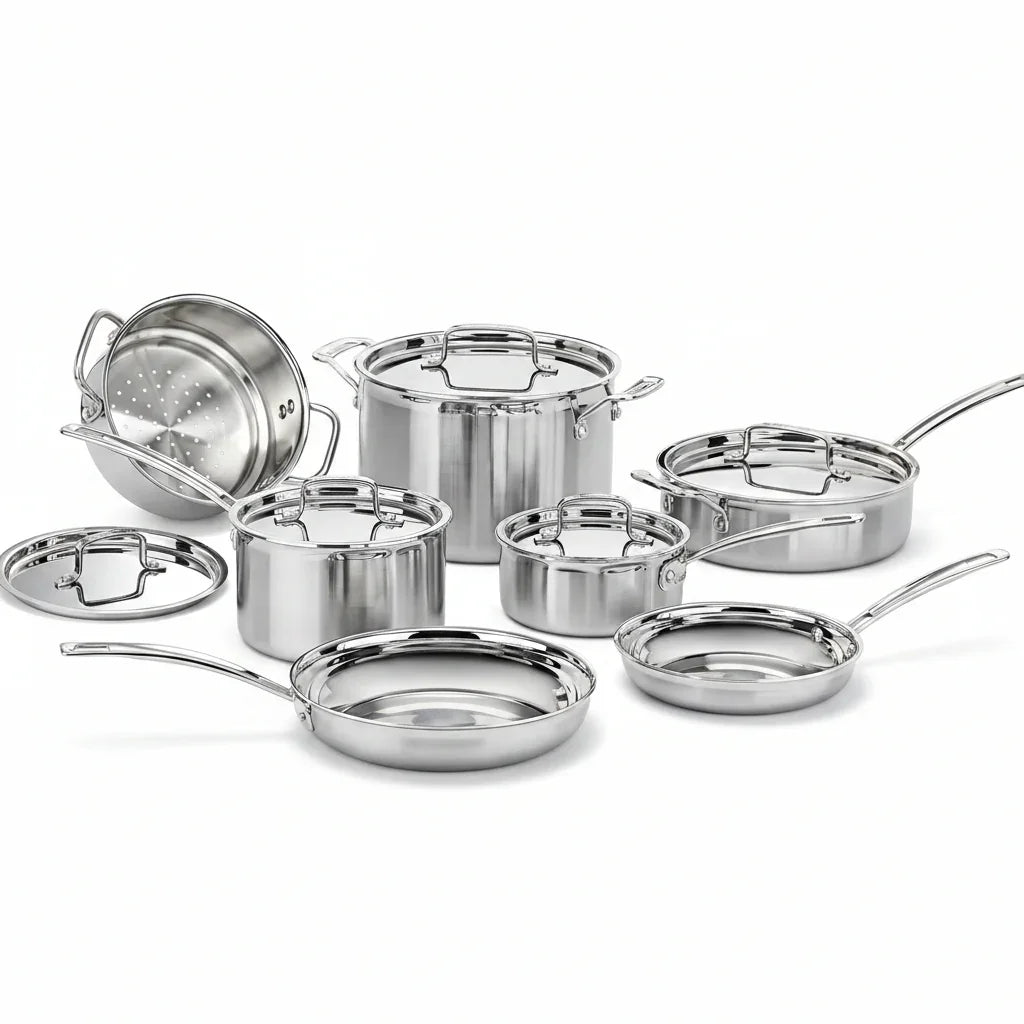 Stainless steel cookware set with pots, pans, lids, and steamer insert for everyday cooking and kitchen organization