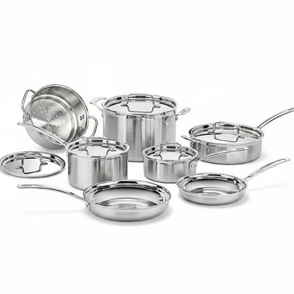 Stainless steel cookware set with pots, pans, lids, and steamer insert for everyday cooking and kitchen organization