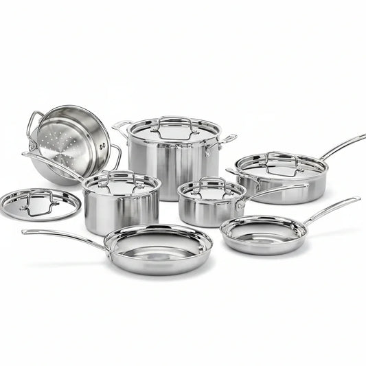 Stainless steel cookware set with pots, pans, lids, and steamer insert for everyday cooking and kitchen organization