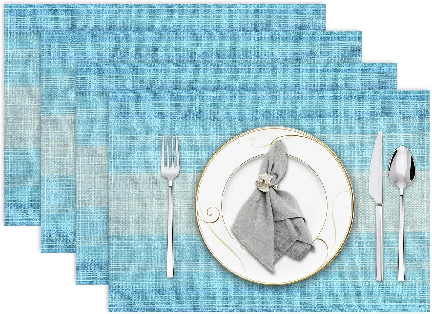 Placemats, Placemats Set of 4, 12X18 Inch Washable Place Mats Easy to Clean Heat Resistant Table Mats Wipeable Placemat for Holiday Party Kitchen Dining Table Decoration, Blue