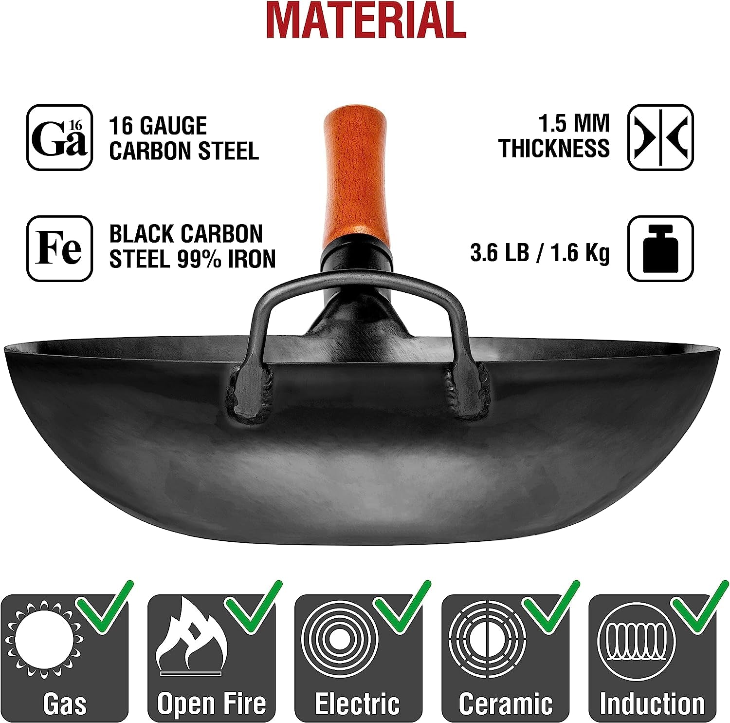 13.5" Carbon Steel Wok Pan – Pre-Seasoned Flat Bottom Pow Wok for Stir Fry, BBQ, Grill & Camping – Traditional Japanese Chinese Cookware – Compatible with Induction, Electric, Gas, Open Fire