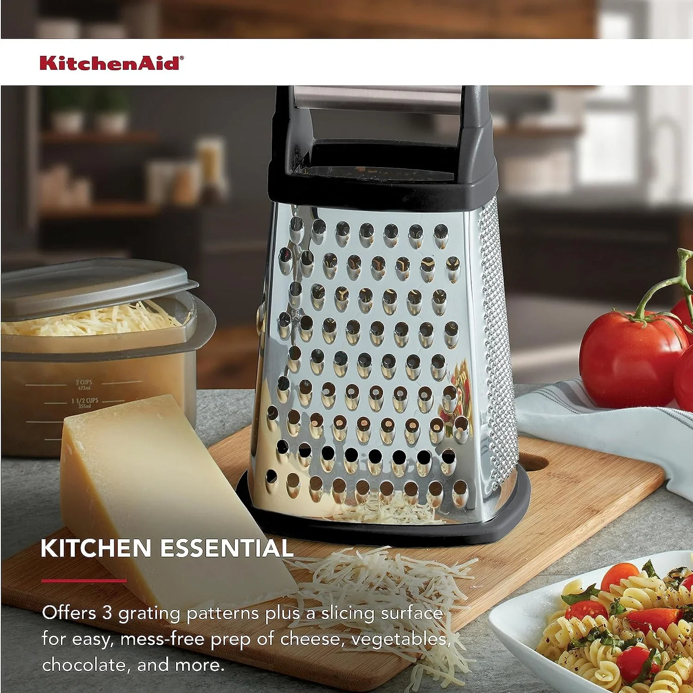 Gourmet 4-Sided Stainless Steel Box Grater for Fine, Medium and Coarse Grate, and Slicing, Detachable 3 Cup Storage Container and Measurment Markings, Dishwasher Safe, 10 Inches Tall, Black