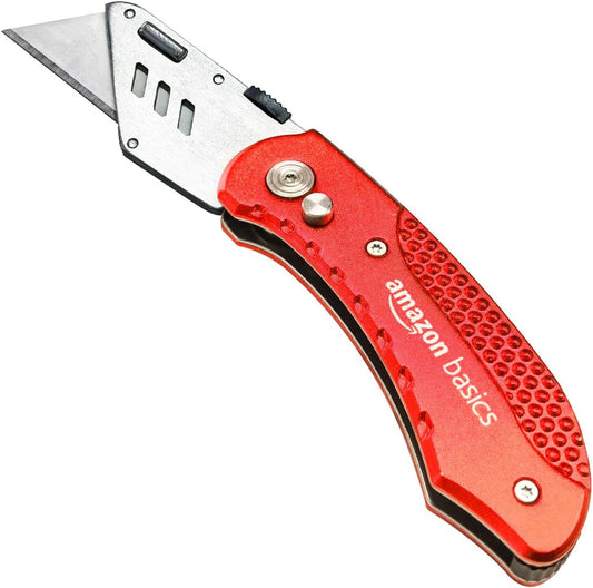 Folding Utility Knife Box Cutter with Back-Lock Mechanism, Portable Lightweight Aluminum Handle, Red