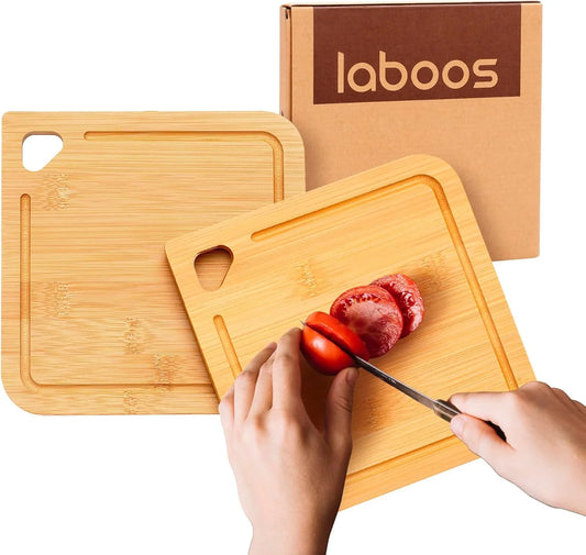 2-Pack Small Bamboo Cutting Boards with Juice Groove | 7X7 Inch Mini Chopping Boards for Fruit, Cheese, Baby Food, Dorm & Travel | Lightweight & Compact Square Wood Board Set
