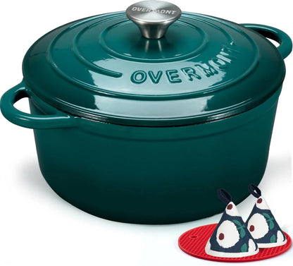 Enameled Cast Iron Dutch Oven - 5.5QT Pot with Lid Cookbook & Cotton Potholders - Heavy-Duty Cookware for Braising, Stews, Roasting, Sourdough Baking Bottle Green