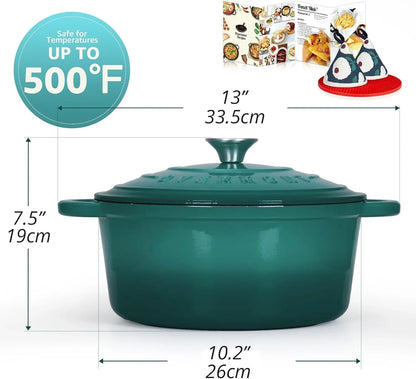 Enameled Cast Iron Dutch Oven - 5.5QT Pot with Lid Cookbook & Cotton Potholders - Heavy-Duty Cookware for Braising, Stews, Roasting, Sourdough Baking Bottle Green