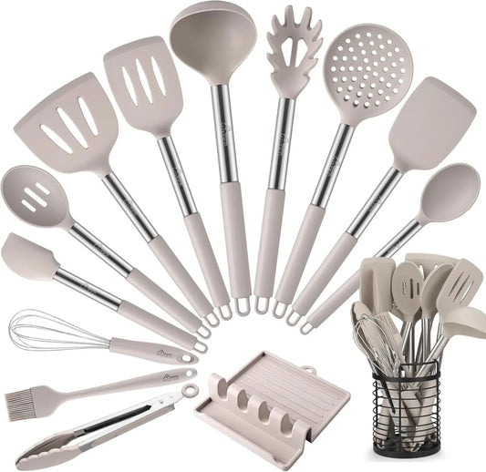 446°F Heat Resistant Silicone Kitchen Utensils, Cooking Utensil Set, Spatula Set, BPA Free, Kitchen Gadgets, with Stainless Steel Utensils Holder, Dishwasher Safe 14Pcs Khaki