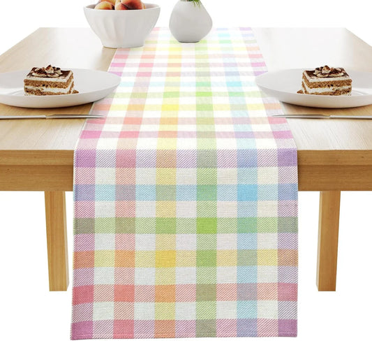 Easter Linen Buffalo Check Plaid Table Runner, Pink Blue Yellow Grid Tablecloth Spring Holiday Dining Table Decoration for Farmhouse Home Room Kitchen Table Easter Party Supplies (13 * 91 Inch)