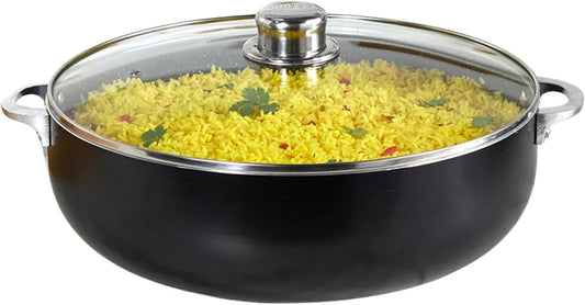 6.9Qt Bistro-Cera Aluminum Speckled Black Ceramic Caldero with Glass Lid, Nonstick Dutch Oven Pot for Rice, Family Meals, and Traditional Cooking, Black