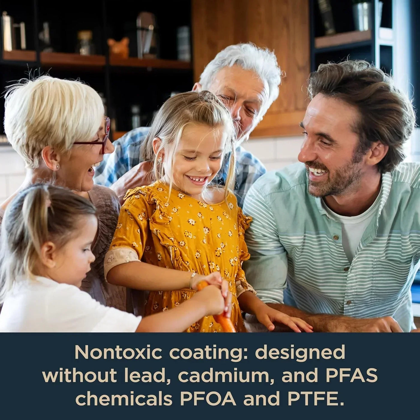 Family cooking together in kitchen with nontoxic cookware, safe for everyday meals and family bonding.