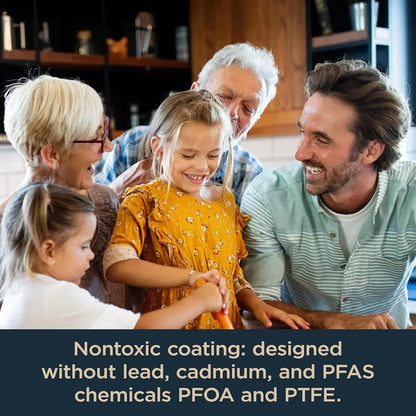 Family cooking together in kitchen with nontoxic cookware, safe for everyday meals and family bonding.