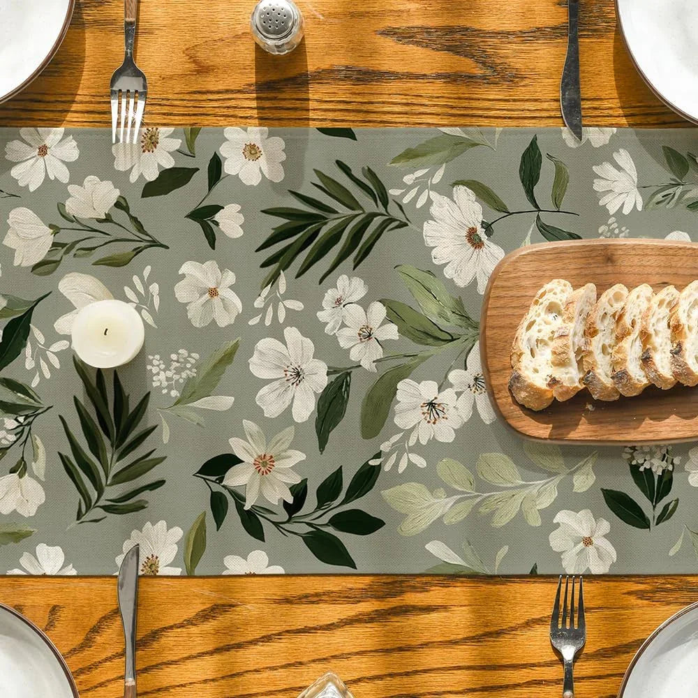 Olive Green Daisy Flowers 210 GSM Spring Table Runner, Seasonal Summer Kitchen Dining Table Decoration for Home Party Decor 13X48 Inch