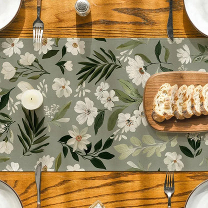 Olive Green Daisy Flowers 210 GSM Spring Table Runner, Seasonal Summer Kitchen Dining Table Decoration for Home Party Decor 13X48 Inch