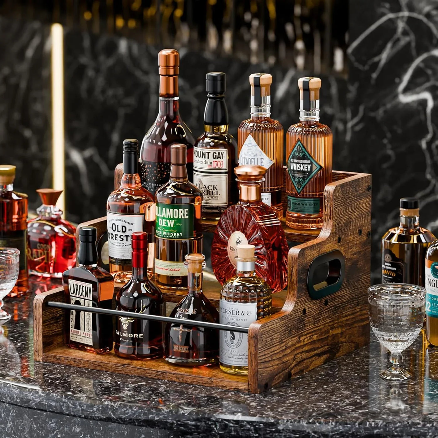 Liquor Bottle Display Shelf, Coffee Syrup Rack Organizer, 3 Step Countertop Liquor Wine Rack, Mini Bar,Liquor Cabinet, Home Retro Bar Shelf Stand for Liquor Whiskey, Spirits
