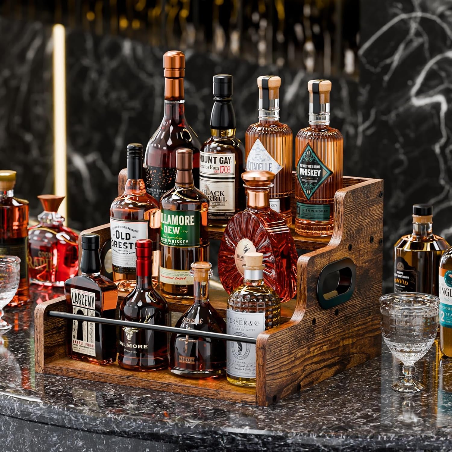 Liquor Bottle Display Shelf, Coffee Syrup Rack Organizer, 3 Step Countertop Liquor Wine Rack, Mini Bar,Liquor Cabinet, Home Retro Bar Shelf Stand for Liquor Whiskey, Spirits