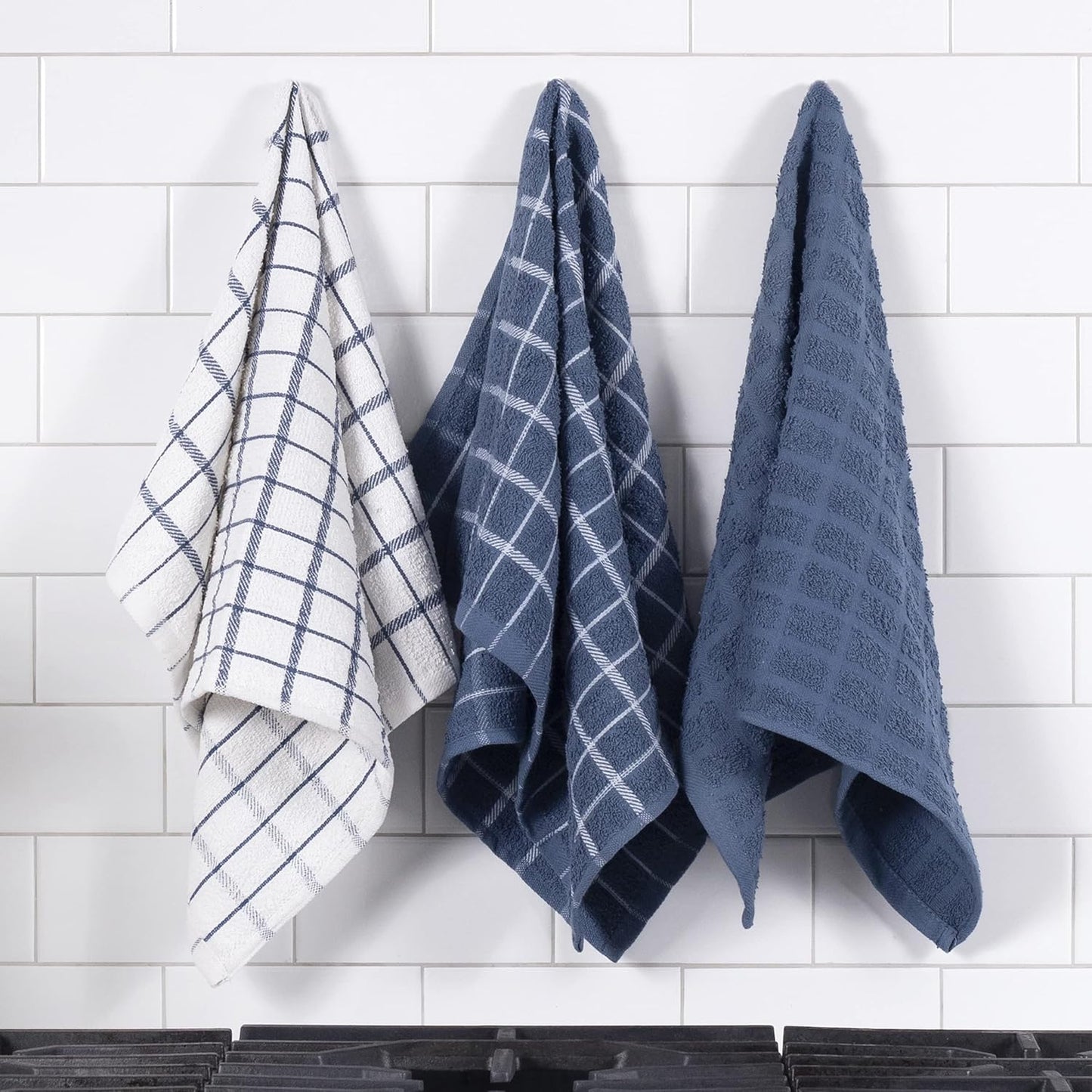 Premium 100% Cotton Terry Check Kitchen Dish Towels - Highly Absorbent, Super Soft, Long-Lasting, 25"X15", 3-Pack, Federal Blue