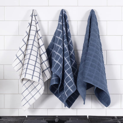 Premium 100% Cotton Terry Check Kitchen Dish Towels - Highly Absorbent, Super Soft, Long-Lasting, 25"X15", 3-Pack, Federal Blue