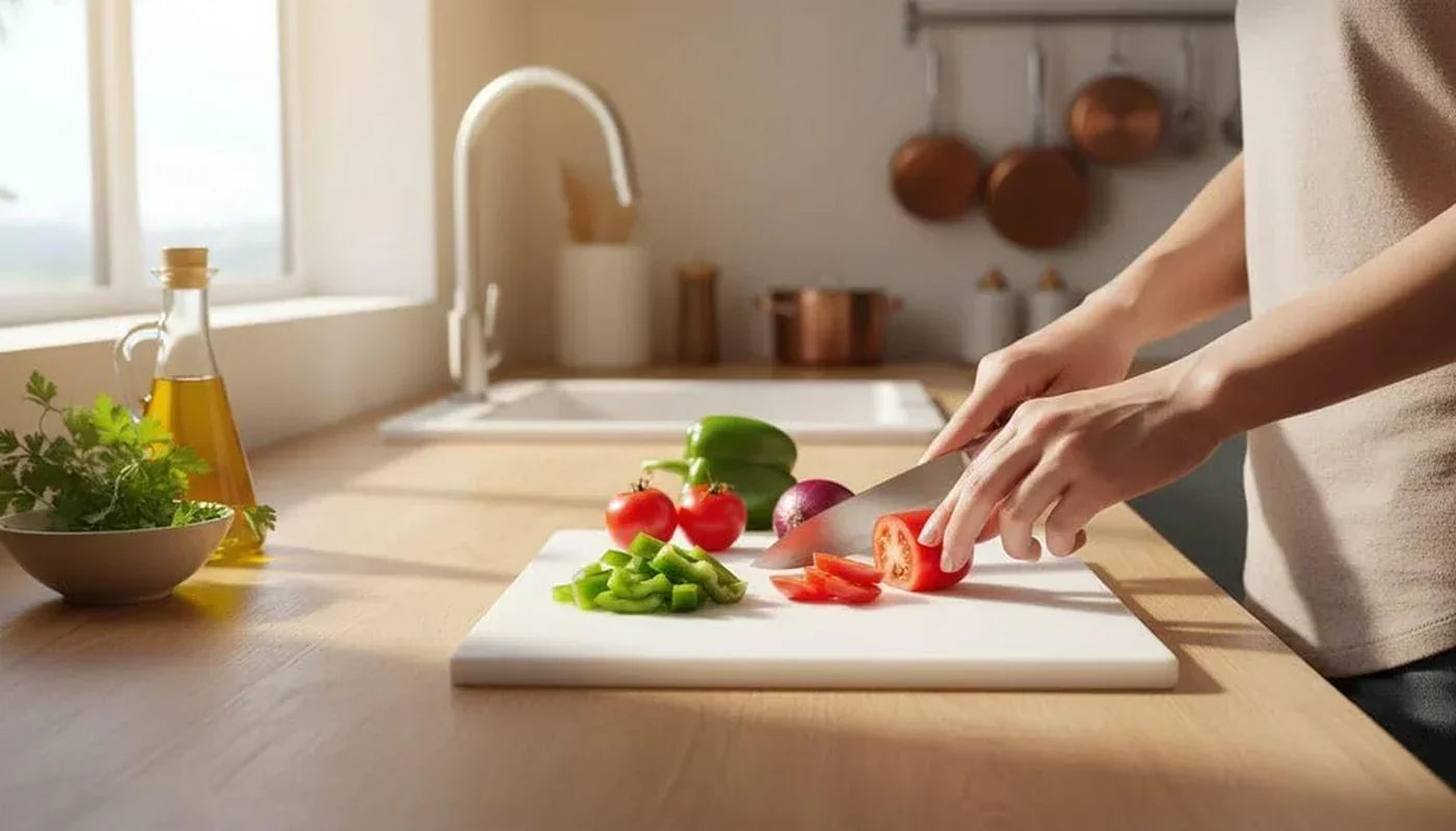 Person slicing tomatoes on white cutting board in bright kitchen with copper pots and fresh herbs