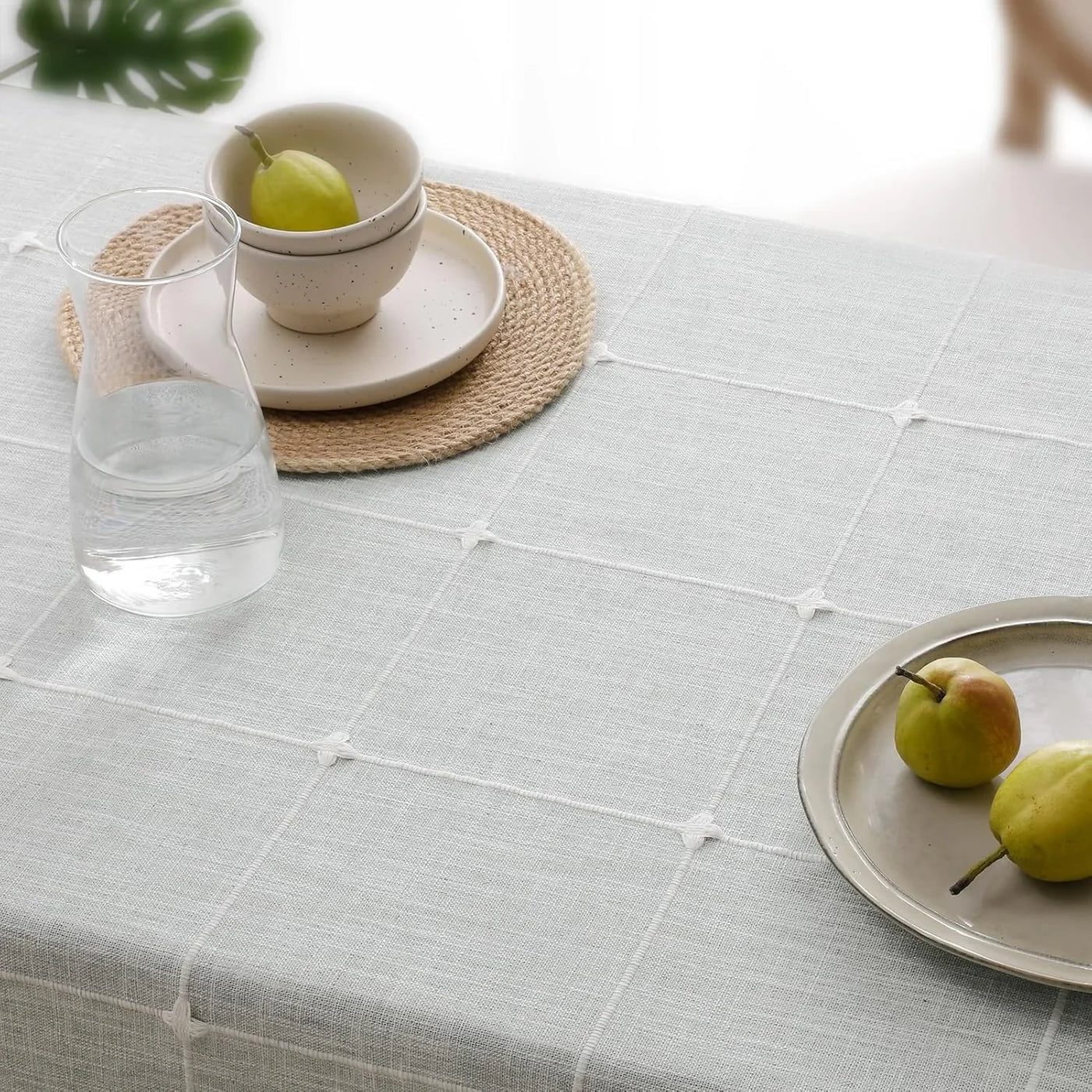 Outdoor Tablecloth Rectangle, Waterproof Linen Cotton Farmhouse Table Cloths with Tassel, Heavy Weight Wrinkle Free Boho Table Cover for Picnic Camping Dining - 55 X 70 Inch, Grey Plaid