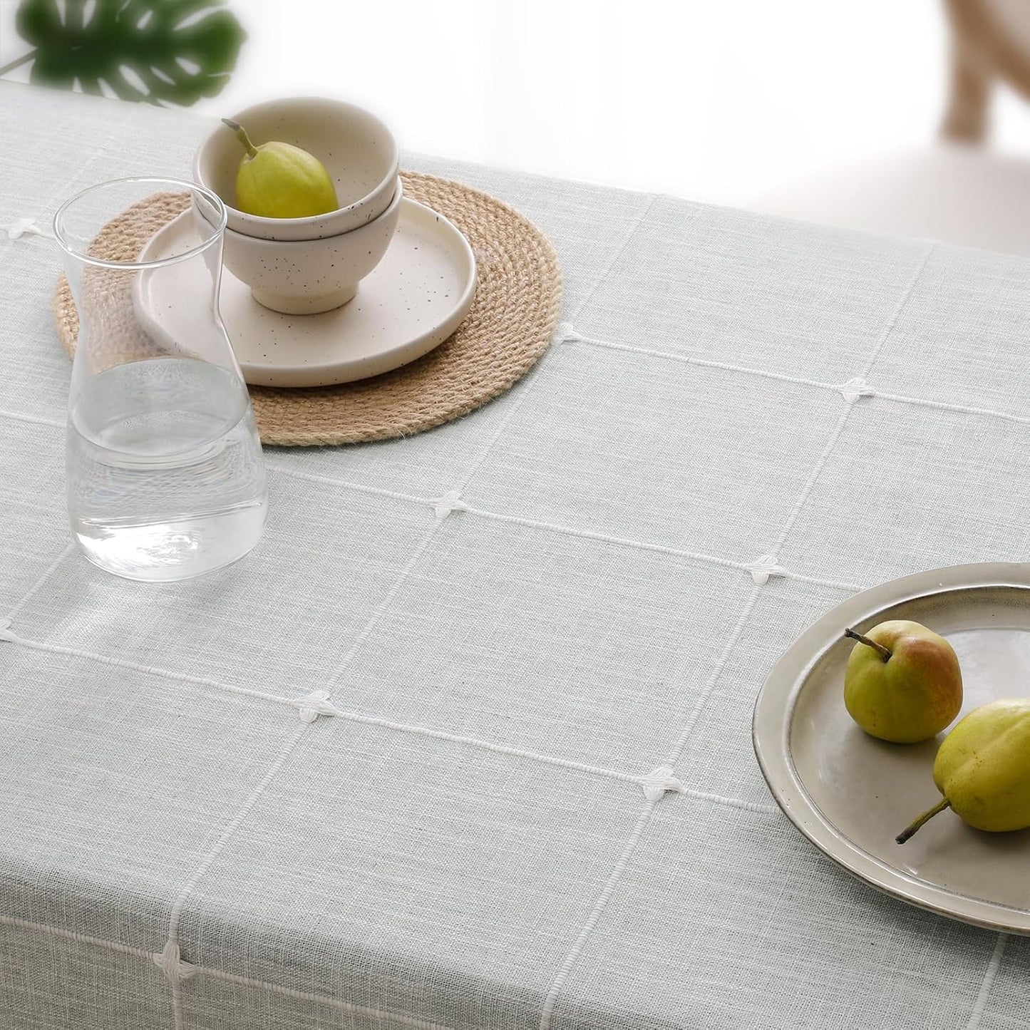 Outdoor Tablecloth Rectangle, Waterproof Linen Cotton Farmhouse Table Cloths with Tassel, Heavy Weight Wrinkle Free Boho Table Cover for Picnic Camping Dining - 55 X 70 Inch, Grey Plaid