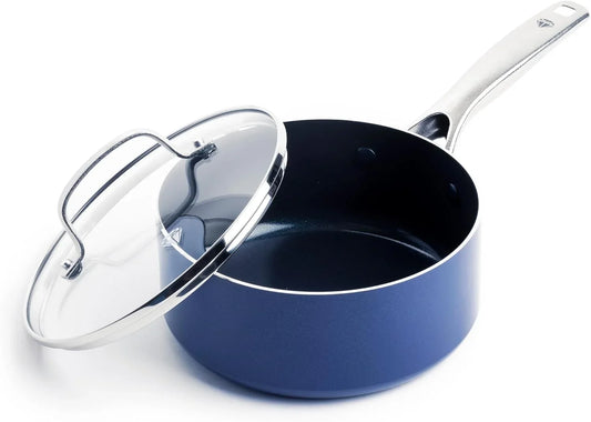 Nonstick 2QT Saucepan with Lid, Non Toxic Pfas-Free Diamond Ceramic, Dishwasher & Oven Safe, Metal Utensil Safe Pot, Stay Cool Handle, Chef Pan, Glass Lid, Blue