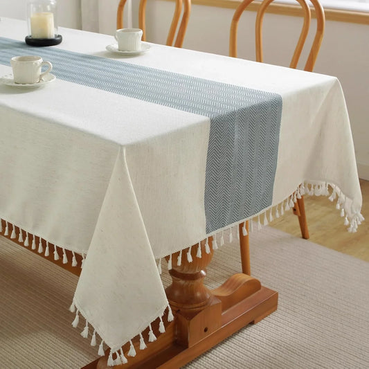 Table Cloth Rectangle Table, Cotton Linen Tablecloth Waterproof, Boho Rustic Spring Tables Cover with Tassel for Outdoor Party Kitchen Dining Holiday Decorations (Beige, Blue Stripe, 75''X55'')