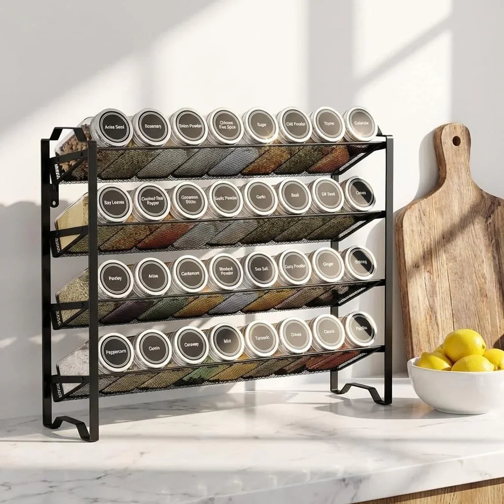 Spice Rack Organizer with 32 Empty Spice Jars, 64 Spice Labels, Chalk Marker and Funnel Set for Cabinet, Countertop, Kitchen, Pantry or Wall Mount, Black