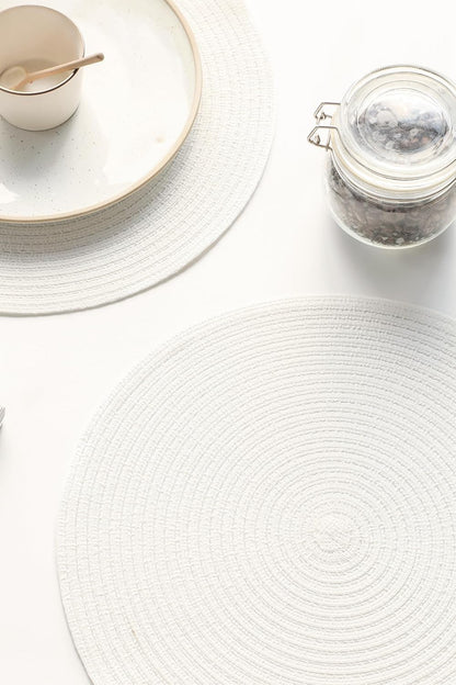15 Inch round Braided Placemats Set of 4, Washable Heat Resistant Cotton Polyester Circle Place Mats for Kitchen Dining Table - White