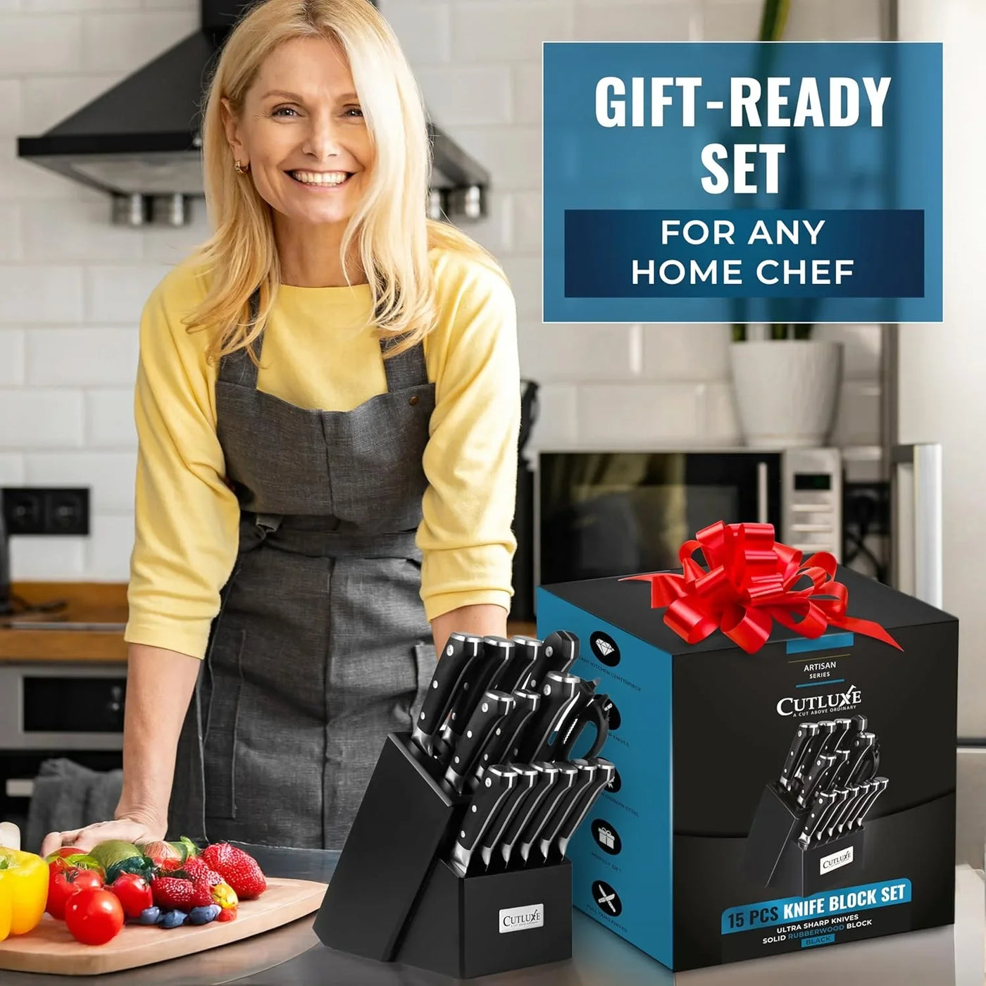 15-Piece Knife Set – Premium Black Wood Block – Knife Set for Kitchen, Ultra Sharp High Carbon German Stainless Steel, Full Tang – Artisan Series