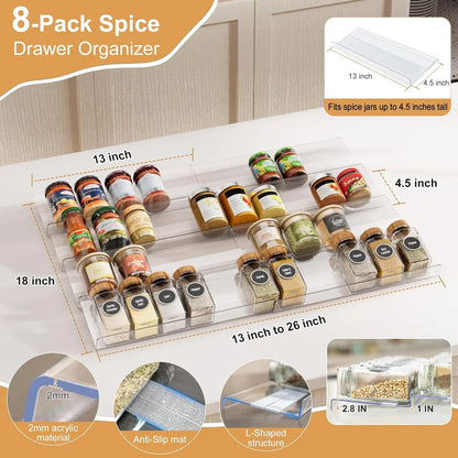 8-Pack Spice Drawer Organizer, Expandable Acrylic Seasoning Rack (13" to 26") with Anti-Slip Mat, Kitchen Spice Rack Drawer Holds up to 56 Jars (Jars Not Included)