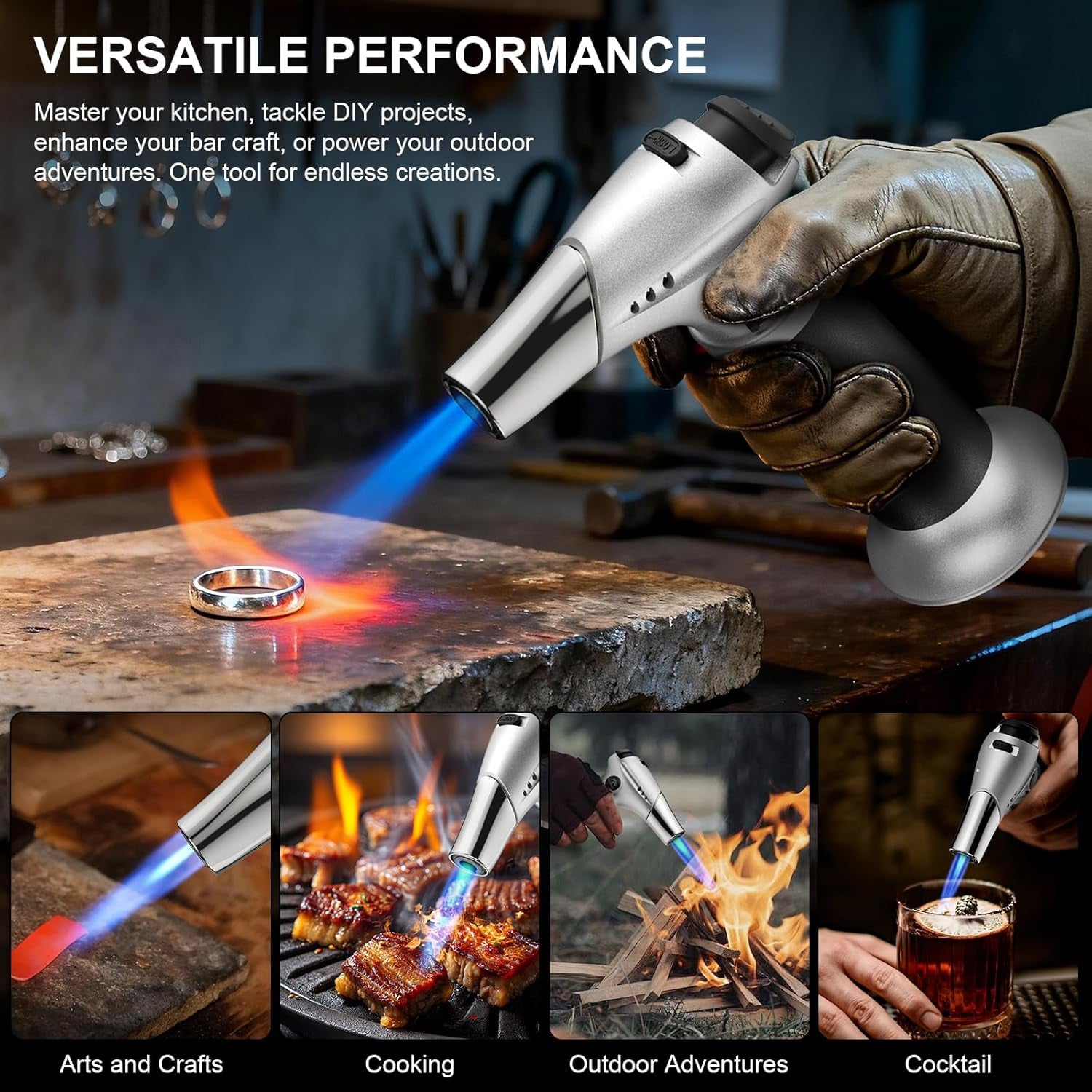 Butane Torch, Kitchen Torch Cooking Torch with Safety Lock & Adjustable Flame for Cooking, BBQ, Baking, Brulee, Creme, DIY Soldering(Butane Not Included)