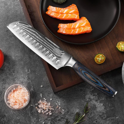 Damascus Santoku Knife, 7- Inch Kitchen Knives with 9Cr18Mov Steel Core, Japanese Kitchen Knife Cooking Meat Cleaver with Durable Wood Handle, Sharp Santoku Chef Knife for Home Use with Gift Box