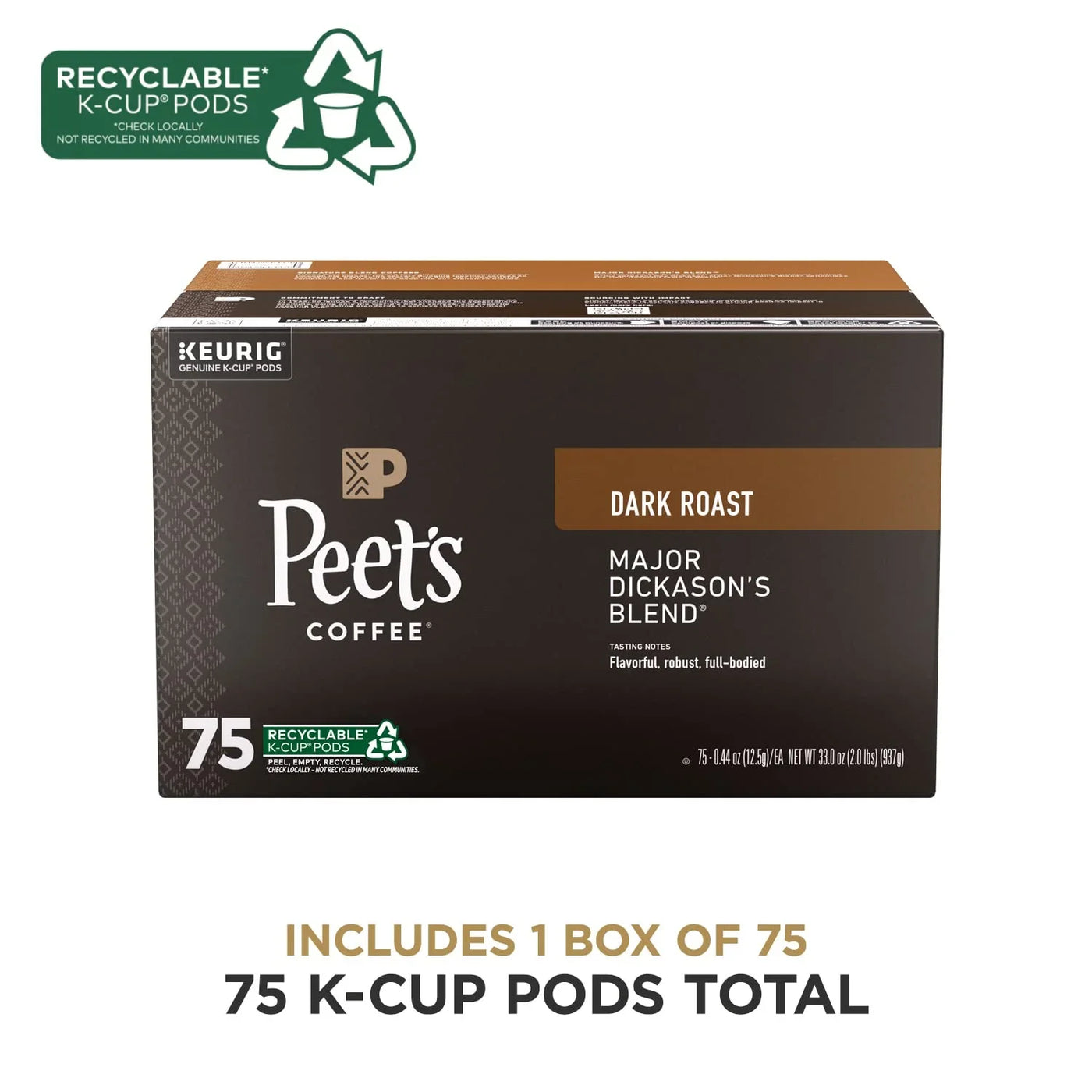 , Dark Roast Keurig K-Cup Pods, 100% Arabica Coffee - Major Dickason'S Blend 75 Count (1 Box of 75 Pods)
