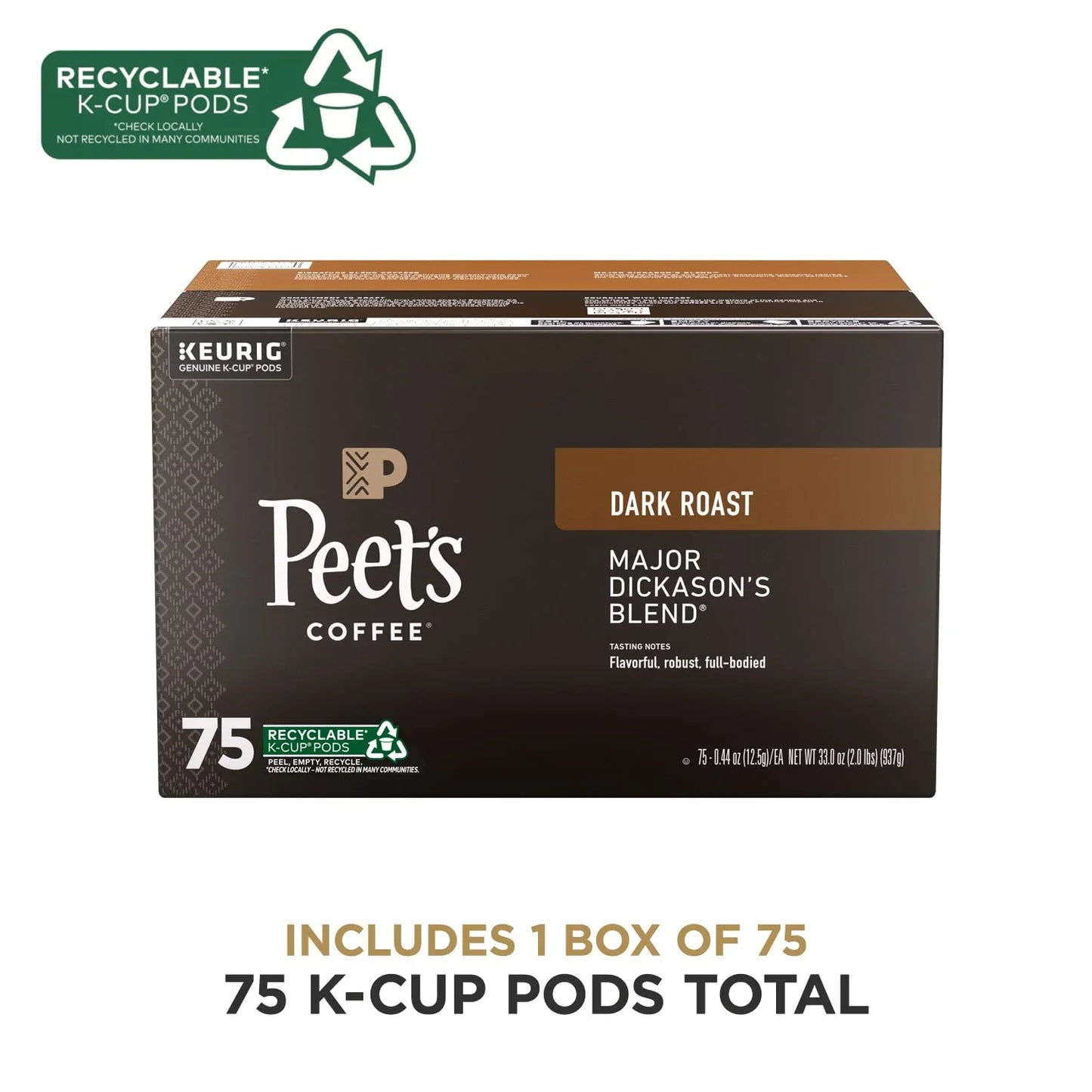 , Dark Roast Keurig K-Cup Pods, 100% Arabica Coffee - Major Dickason'S Blend 75 Count (1 Box of 75 Pods)