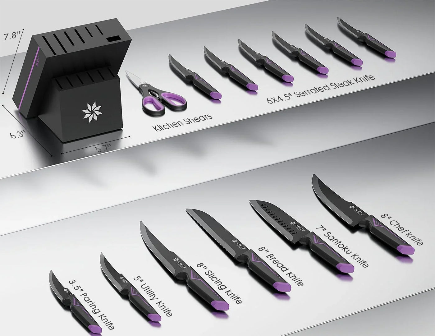 Knife Set - 15 PCS Kitchen Knife Set with Built-In Knife Sharpener Block - Stainless Steel Knife Block Set - Dishwasher Safe, Elegant Box for Men Women