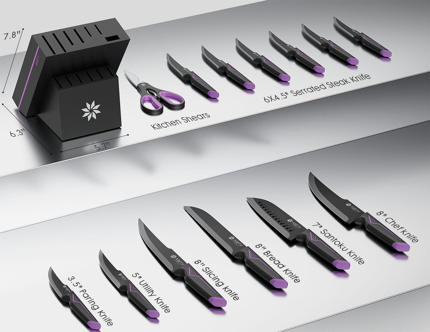 Knife Set - 15 PCS Kitchen Knife Set with Built-In Knife Sharpener Block - Stainless Steel Knife Block Set - Dishwasher Safe, Elegant Box for Men Women