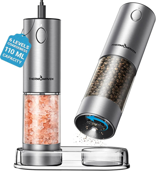 Upgraded Larger Capacity Electric Salt and Pepper Grinder Set, 110Ml Rechargeable Salt and Pepper Shaker with LED Light, Stainless Steel Automatic Pepper Mill with 6 Adjustable Coarseness