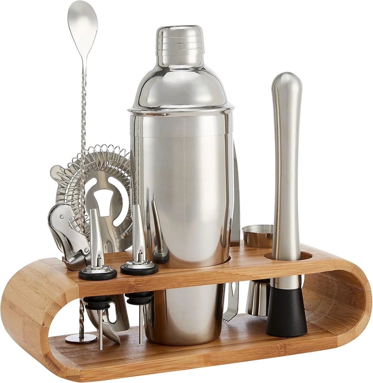 10-Piece Stainless Steel Cocktail Shaker Bar Tool Set with Bamboo Stand Holder, Home Bar Drink Mixing Accessories, Housewarming Gift
