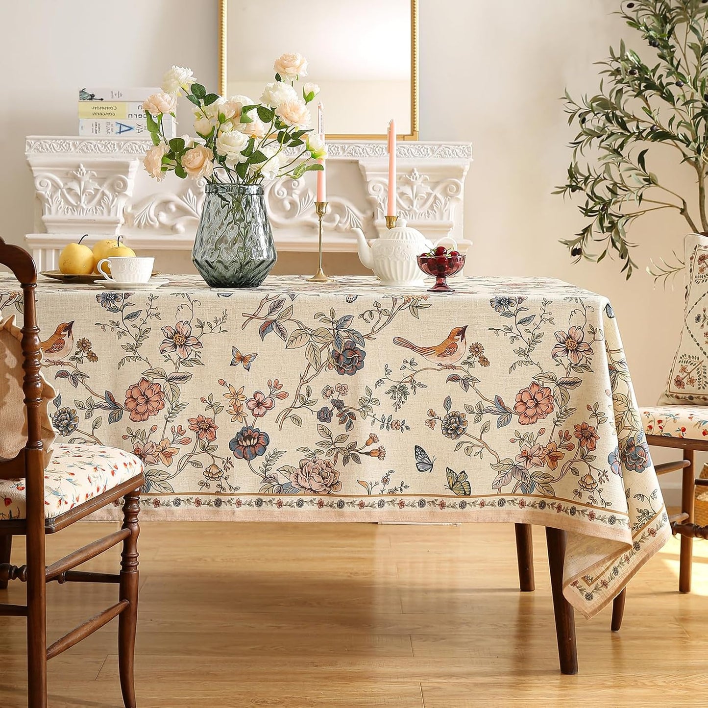 Designer French Light Beige Small Rectangular Tablecloth,Linen Florals and Birds Pattern Table Cloth,Anti-Wrinkle Decorative Tablecloths for Dining Thanksgiving Kitchen,55"*71"-Cornucopia