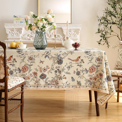 Designer French Light Beige Small Rectangular Tablecloth,Linen Florals and Birds Pattern Table Cloth,Anti-Wrinkle Decorative Tablecloths for Dining Thanksgiving Kitchen,55"*71"-Cornucopia