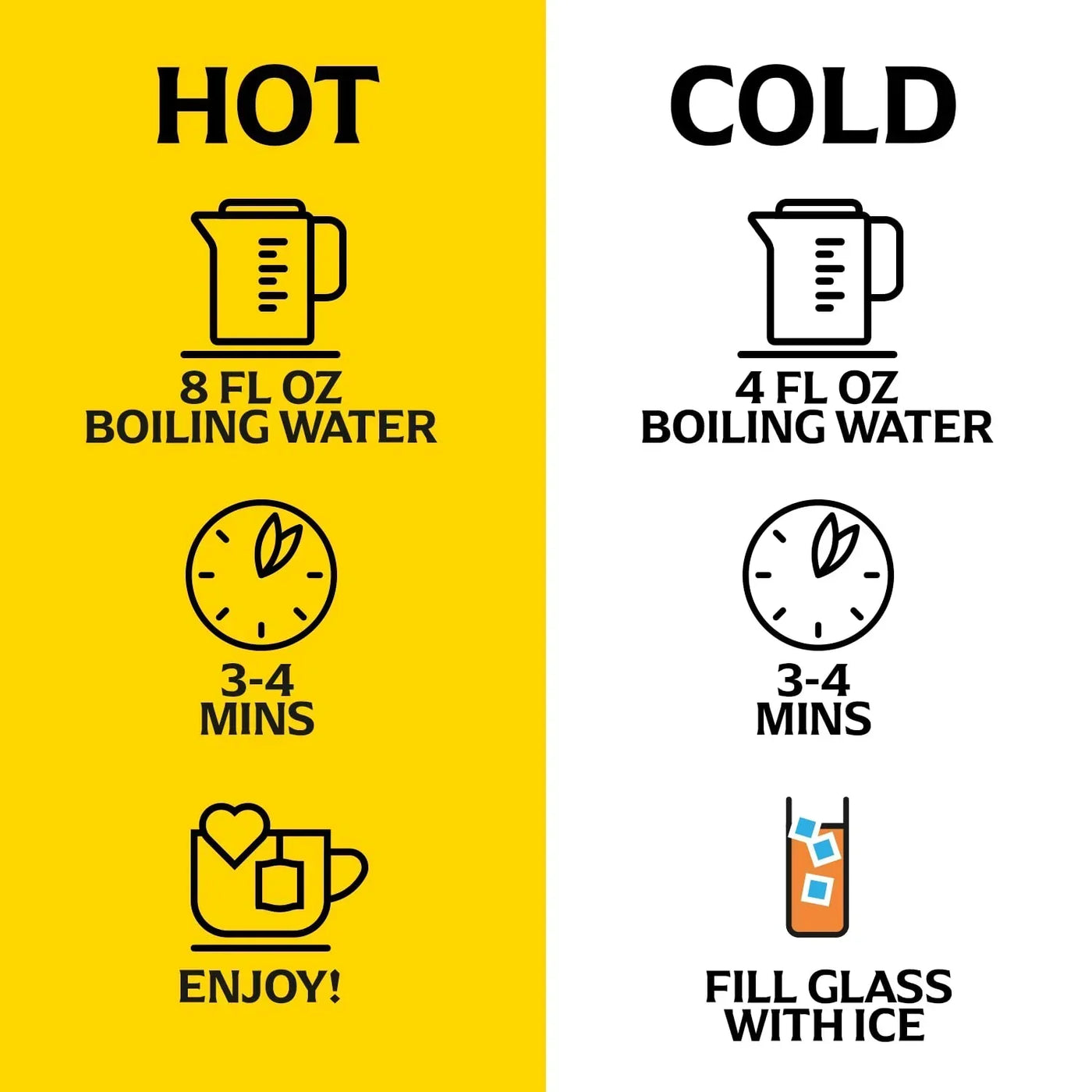 Hot & cold tea brewing guide: 8oz boiling water for hot, 4oz for iced, steep 3-4 mins, enjoy!
